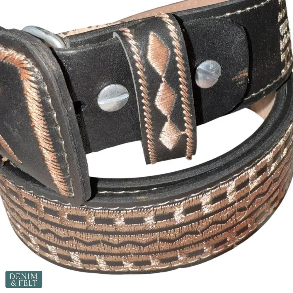 NEW Cinturones Moreno‎ Black Embroidered Leather Horse Belt Western Equestrian